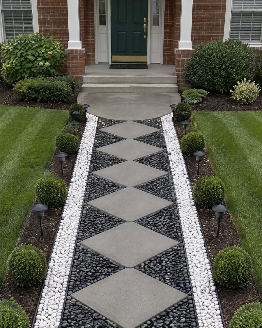 Geometric concrete diamond walkway with black and white stones